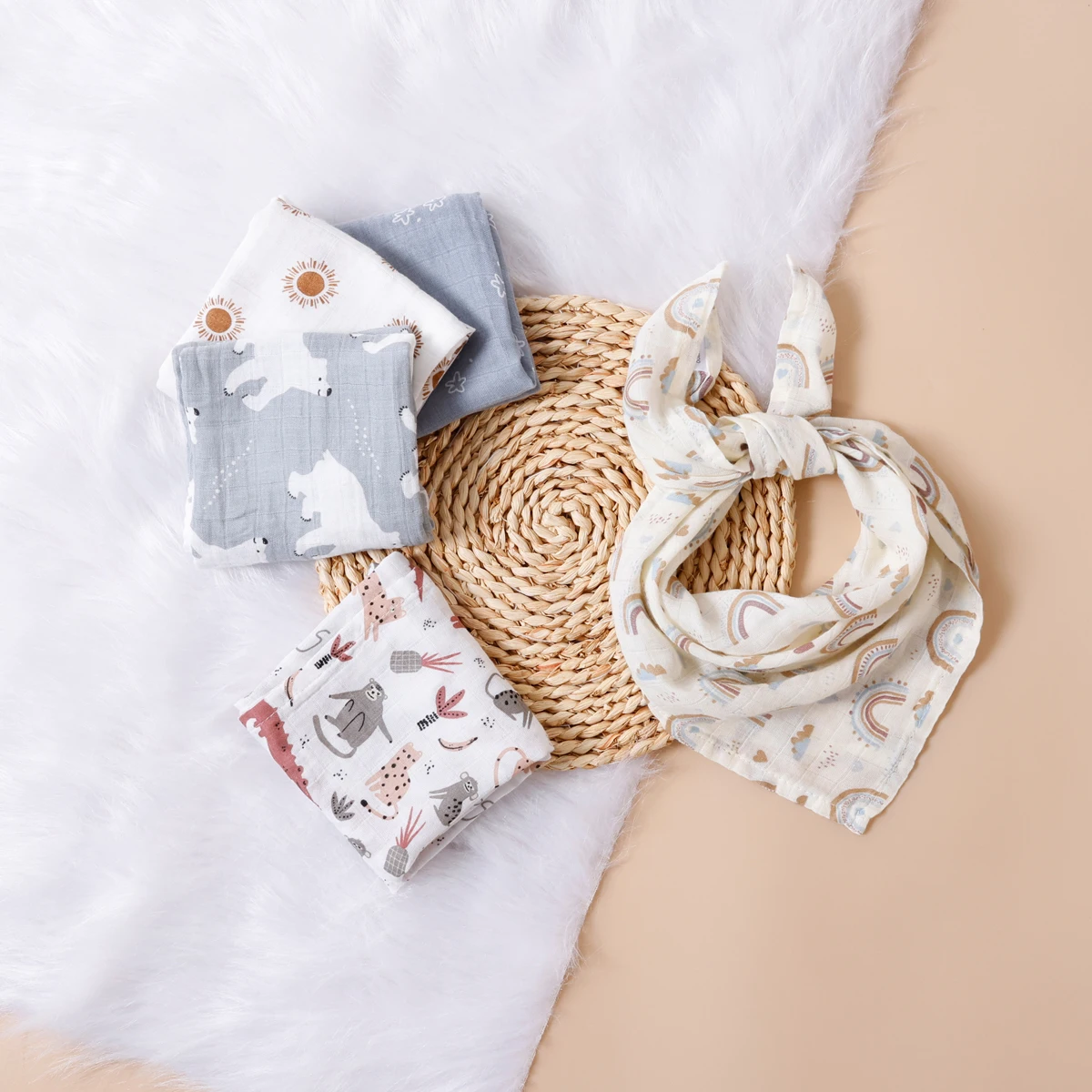 Description Picture 4 of itemKangobaby #My Soft Life# 5pcs Multifunctional Baby Muslin Bib Newborn Blanket Breathable Child Scarf 60x60cm