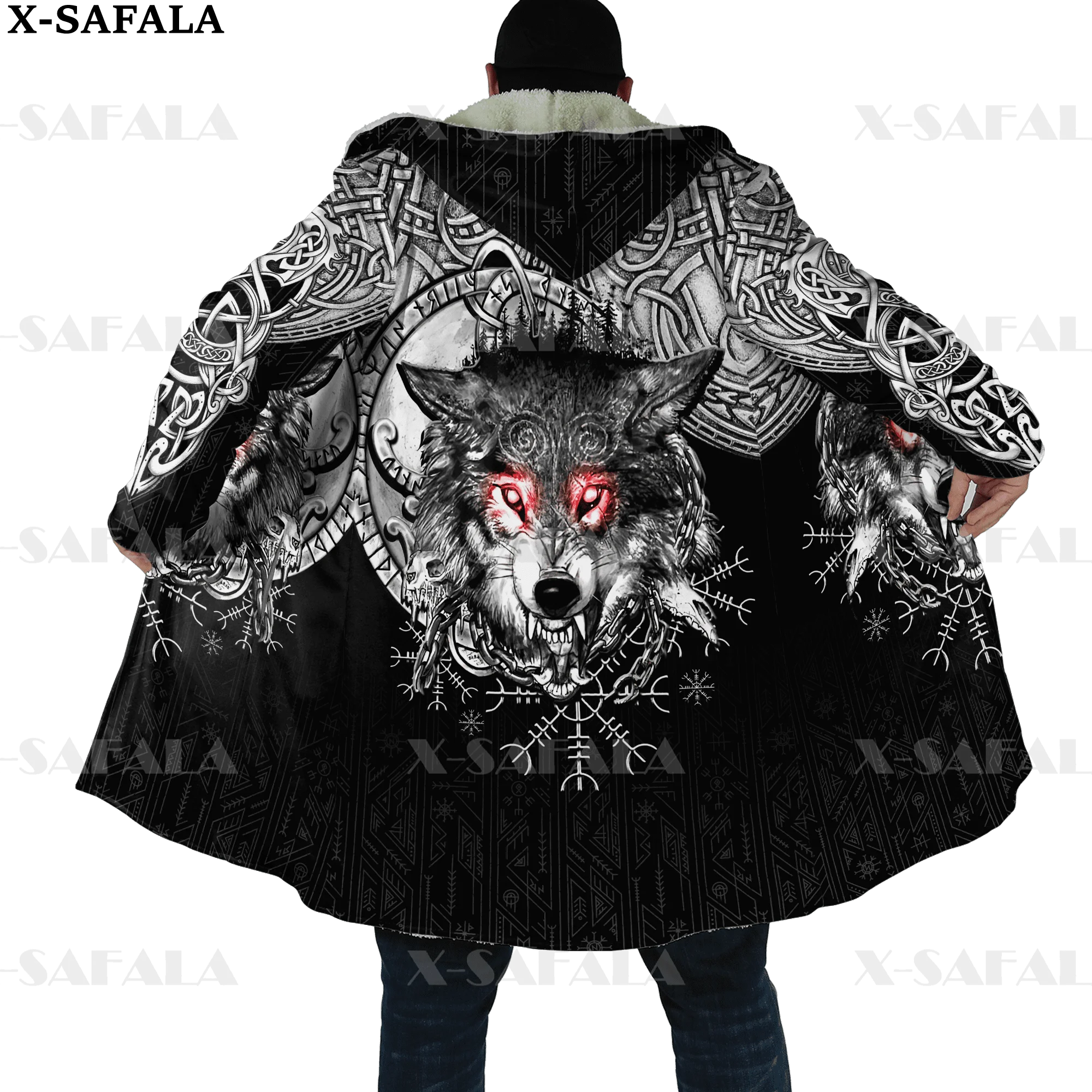 

Fenrir Viking Night Dark Wolf Tattoo Print Thick Warm Hooded Cloak Men Overcoat Coat Windproof Fleece Cape Robe Blanket-6