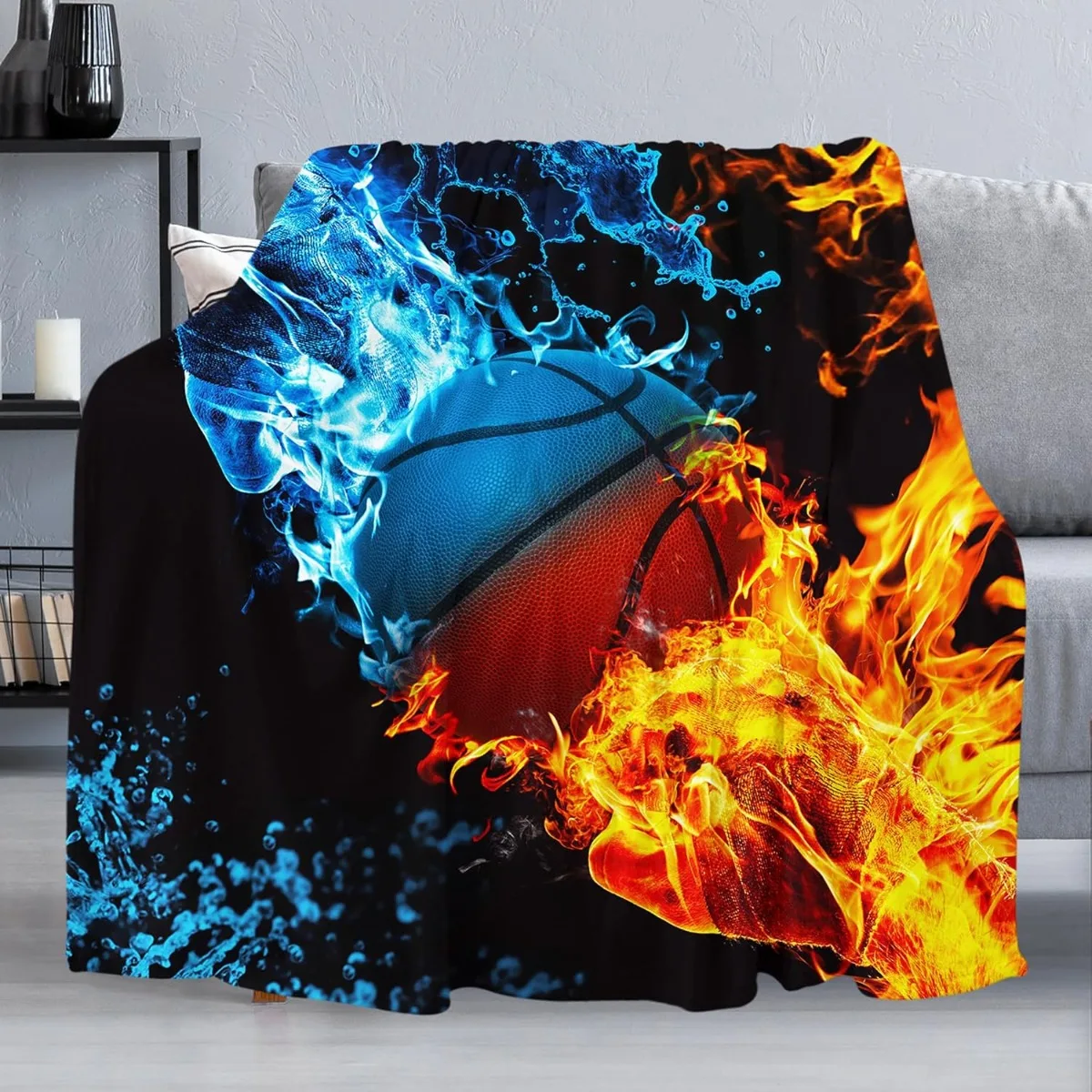 Fire & Ice Basketball Blanket for Couch, Lightweight Warm Blanket Cozy Soft Flannel Blanket, Decorative Fuzzy Throws for Sofa