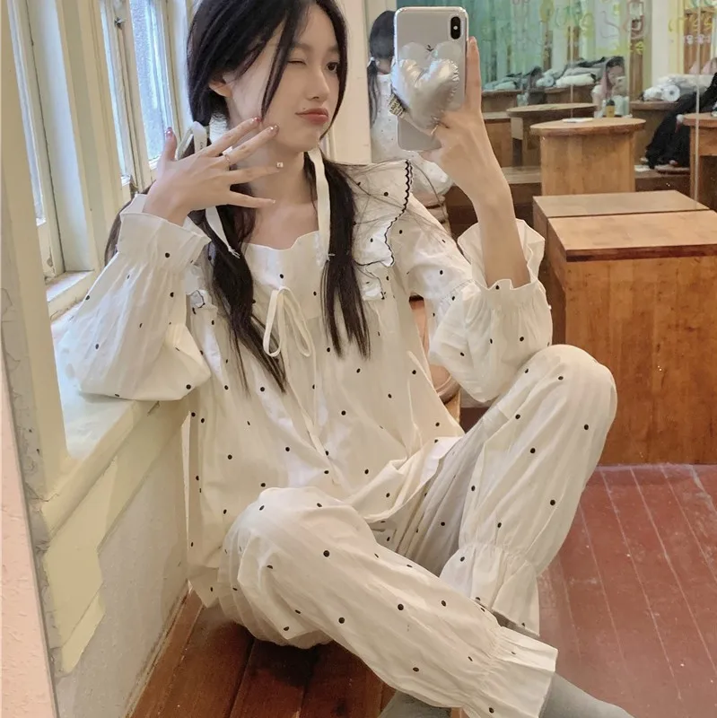 

Ruffle Polka Dot Cotton Sleepwear 2 Piece Set Women Autumn Winter Pajama Set Long Sleeve Pants Home Suit Clothes Out Wear S313