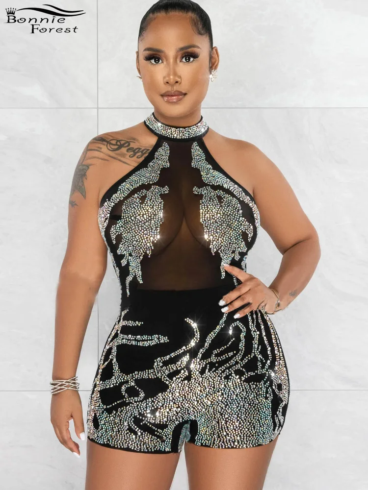 

Bonnie Forest Glitter Mesh Iridescent Rhinestones Halter Romper Summer Womens Sleevless Zipper Back Sequins Jumpsuits Clubwear