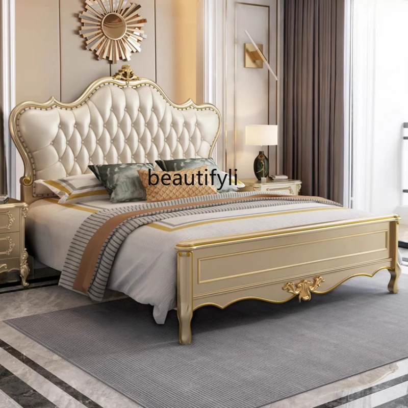 

American Solid Wood Light Luxury Double Bed Master Bedroom High-End European Genuine Leather Marriage Bed French Style