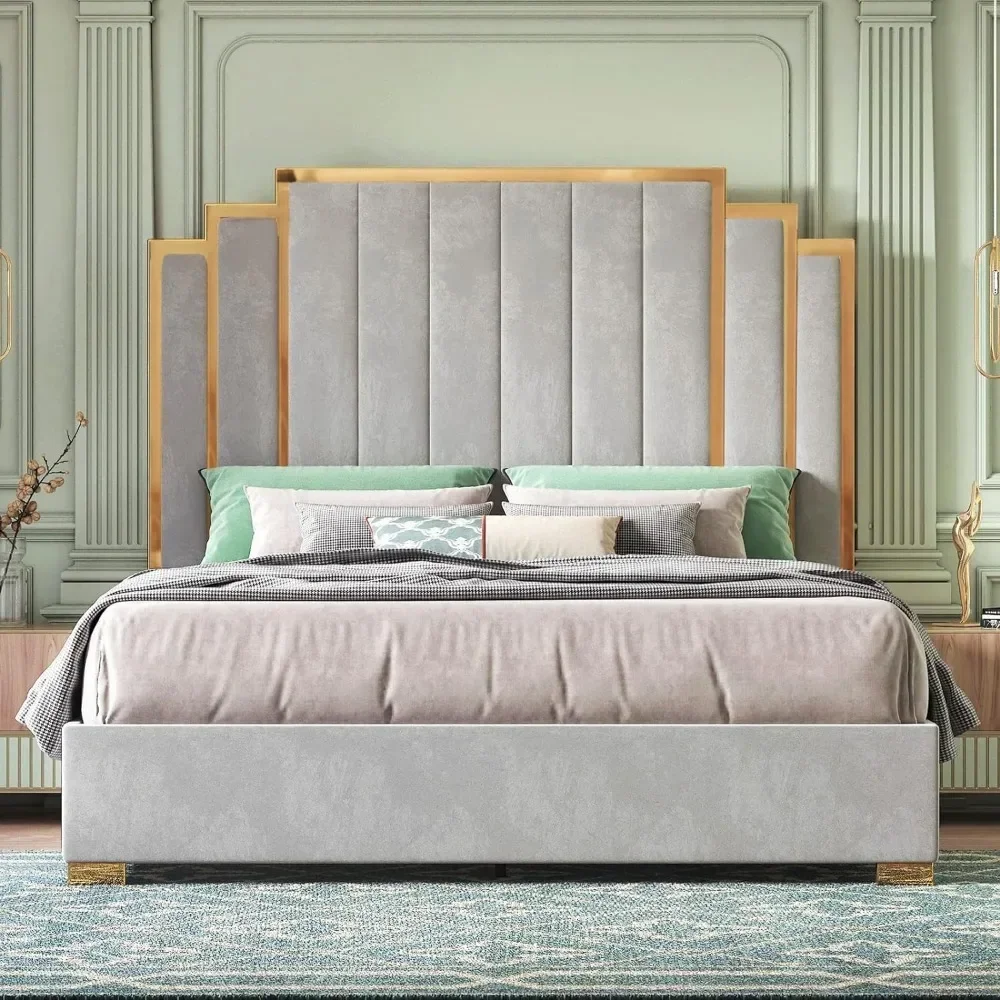 

King Size Bed Frame and 65" Headboard, Upholstered Beds with Golden Plating Trim, No Box Spring Needed, Bed Frame