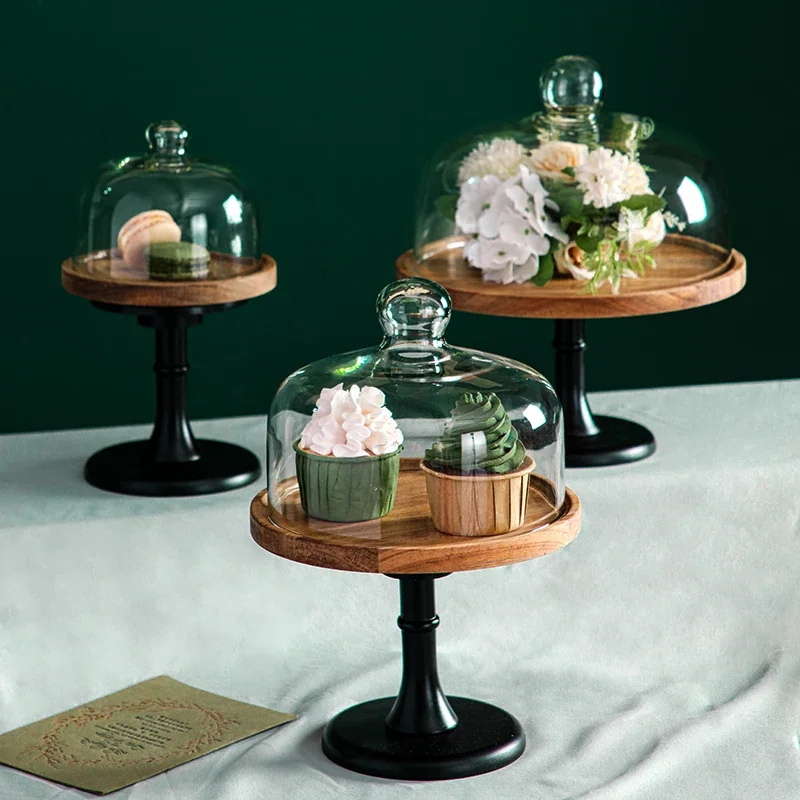 Wooden cake pan High foot Dessert plate Display stand Wooden tray Dim sum dish Bread plates Fruit plate Cake plates Glass cover