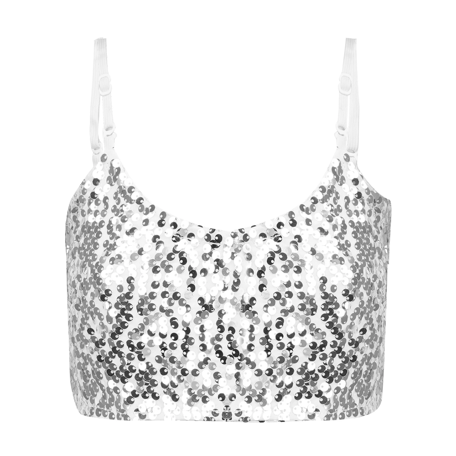 Girl's Fashion Tops Sleeveless Kids Shiny Sequins Crop Top V Neck Spaghetti Shoulder Straps Camis Children's Clothes Dance Wear