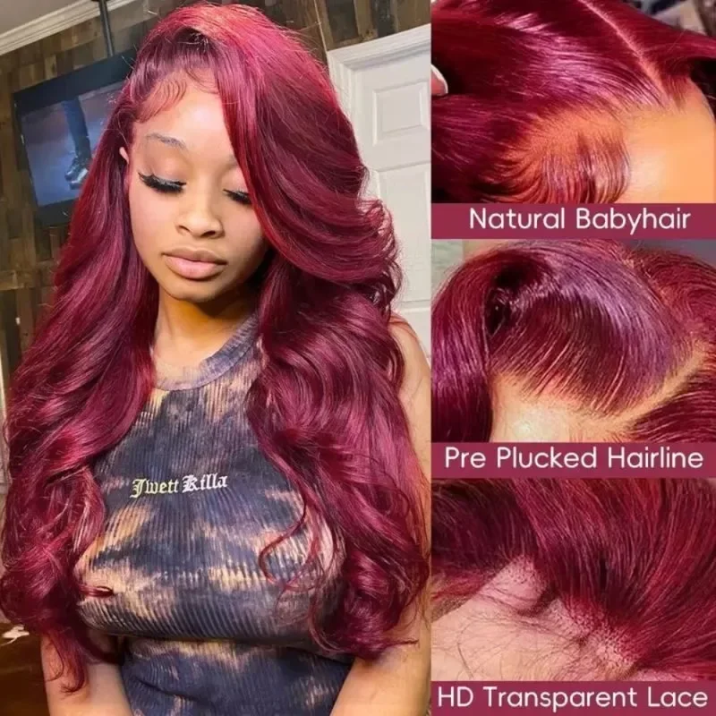 99J Burgundy Lace Frontal Wig 13x4 Body Wave Lace Front Wig HD Transparent Lace Frontal Wig Human Hair Pre Plucked 99j Red Color