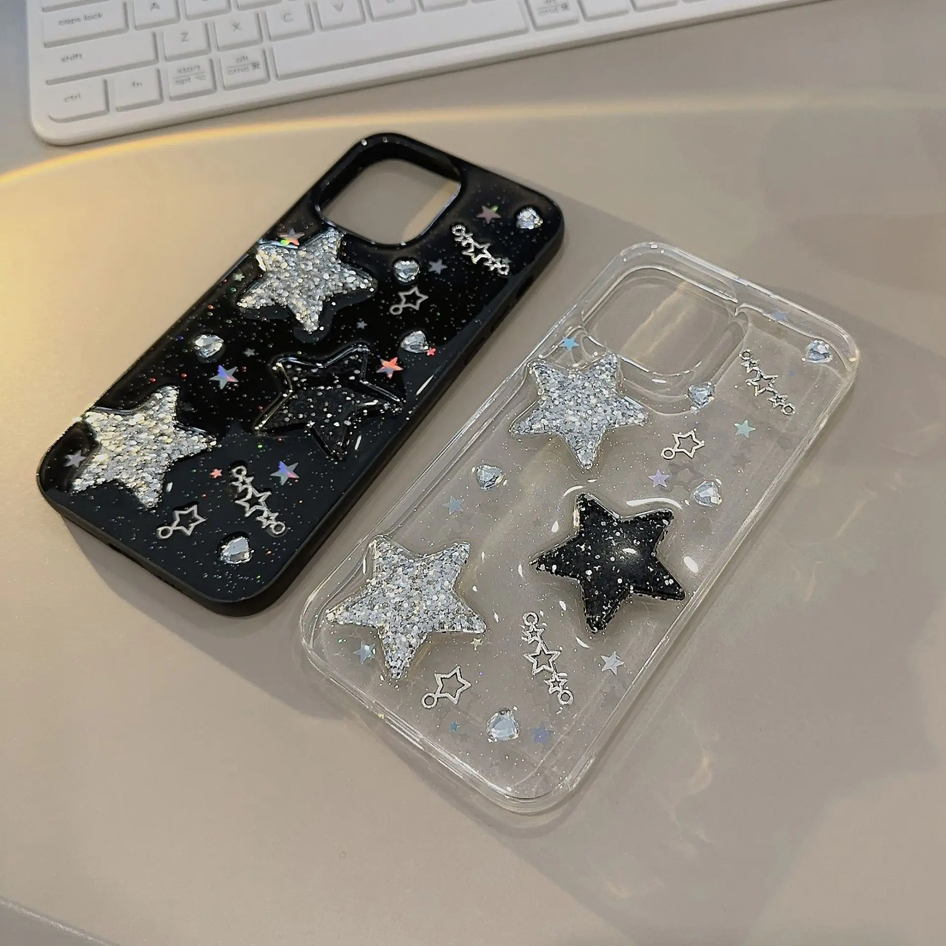 Starry Glitter Phone Case: Transparent Black with 3D Stars and Rhinestones