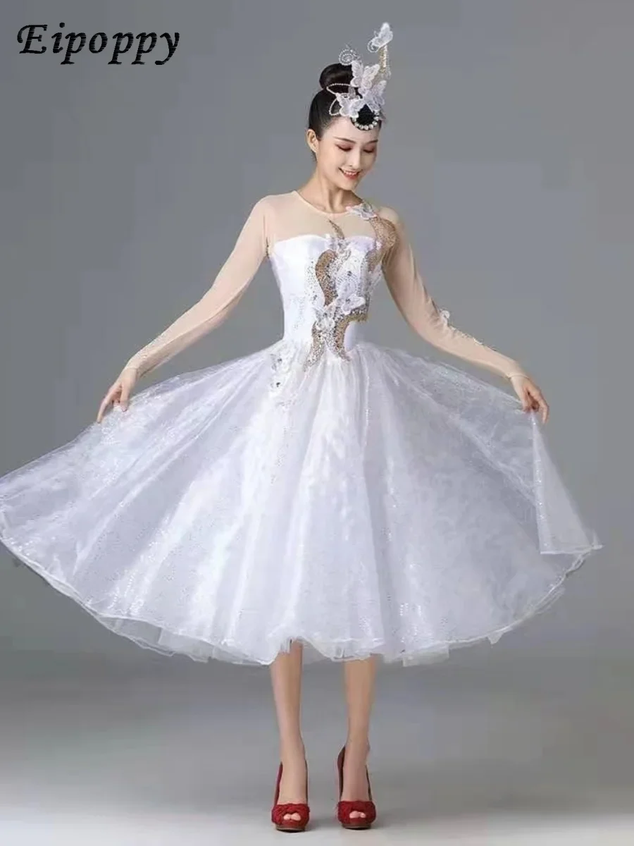 

Балетный белый костюм для выступлений открытое танцевальное Тюлевое платье-пачка длинная юбка для танцев