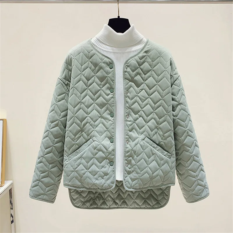 

Women's O-Neck Diamond Plaid Warm Parka Coat Winter Single-Breasted Lady Long-Sleeved Irregular Hem Loose Cotton-padded Jacket