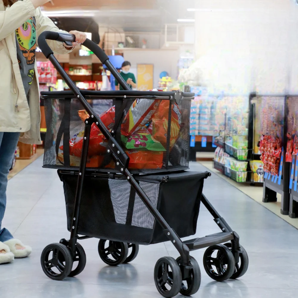 Foldable Shopping Cart with Wheels Dual-Layer Portable Folding Cart Removable Basket Personal Grocery Cart for Picnic Camping