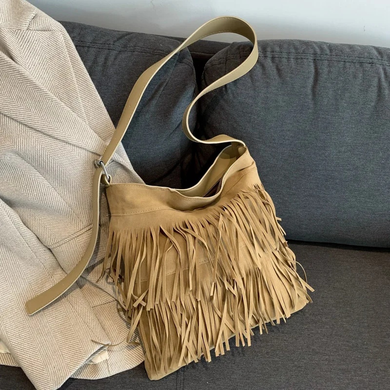 New Designer Luxury Crossbody Bag Nubuck Leather Tassel Shoulder Bag for Women Large-capacity Lazy Wind Underarm Shoulder Bag