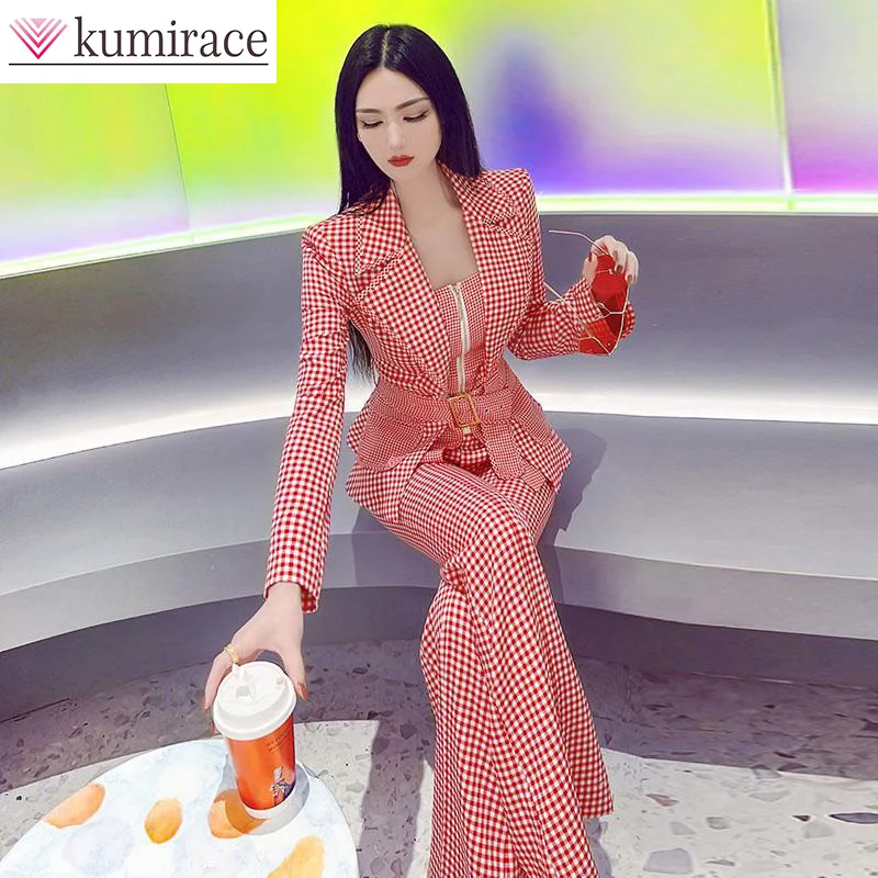 

Early Autumn Spring Temperament Women's Set 2023 New Pink Plaid Small Suit Flare Pants Two Piece Set Y2k Two Piece Set Pantsuit