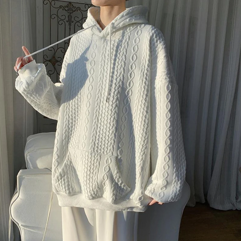 Men's Classic White Jacquard Sweater, Warm Hoodie, Long Sleeves, Male Top, Korean Style, College, Spring ，Autumn，