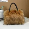 2024 New Raccoon Fur Bags Women Fashion Portable Faux Fur Handbags Winter Soft Warm Bag Girls Fluffy Large Capacity Tote Purse 1