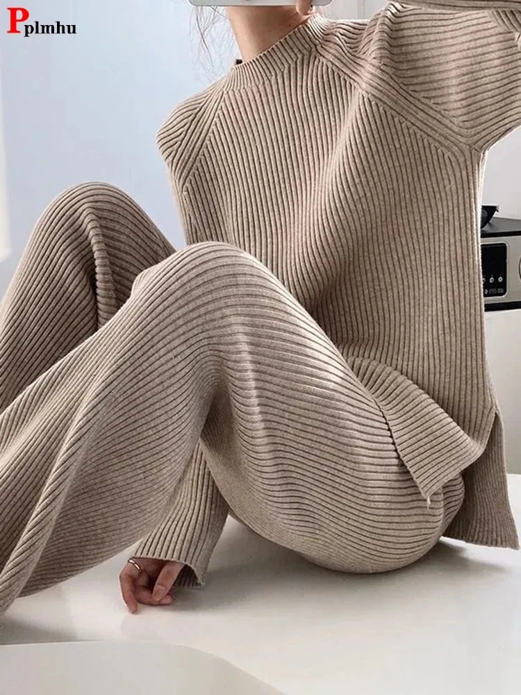 Korean Knit 2 Piece Sets Splite O-neck Pulls Outfit High Waist Ankle Length Wide Leg Pant Suits Soft Woman Spring Ensemble knitted 2 pieces sets o neck print pullovers outfit high waist ankle length harem pant suits soft spring fall korean conjuntos