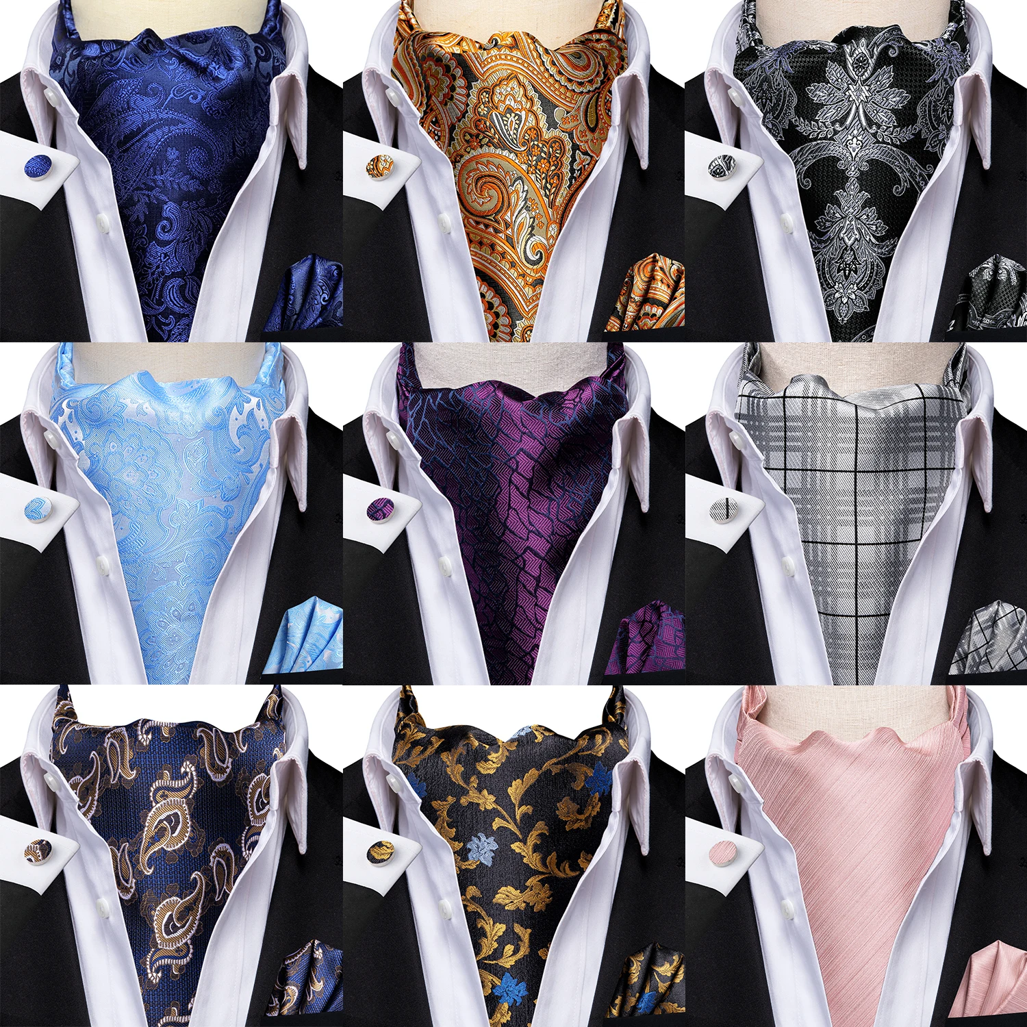 

Hi-Tie Silk Mens Ascot Hanky Cufflinks Set Jacquard Vintage Cravat Tie Wholesale for Male Gold Blue Red Purple Pink Green White