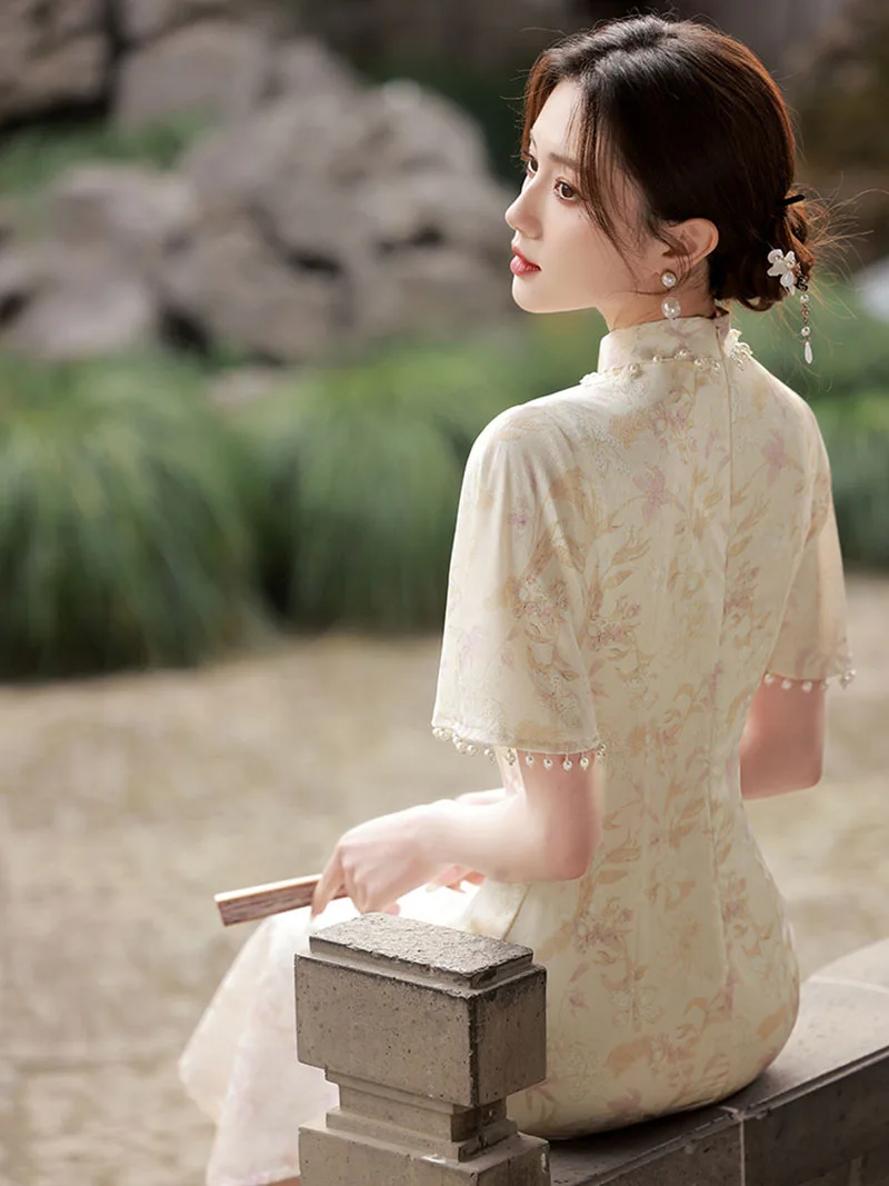 2023 Spring Traditional Cheongsam Short Sleeve Soft Vintage Dress Slim Party Wedding Costumes Elegant Long Qipao S To XXL