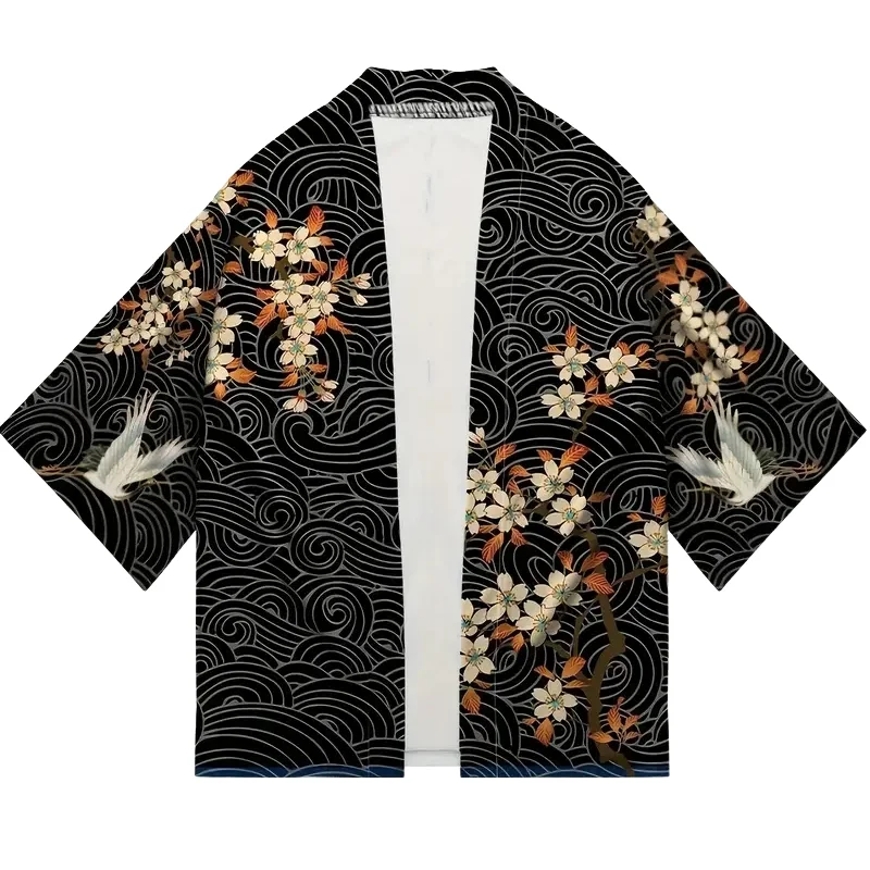 Summer Asian Traditional Dress Men's and Women's Crane Printed Kimono Cardigan Harajuku Yukata Dark Haori Shirt Jacket