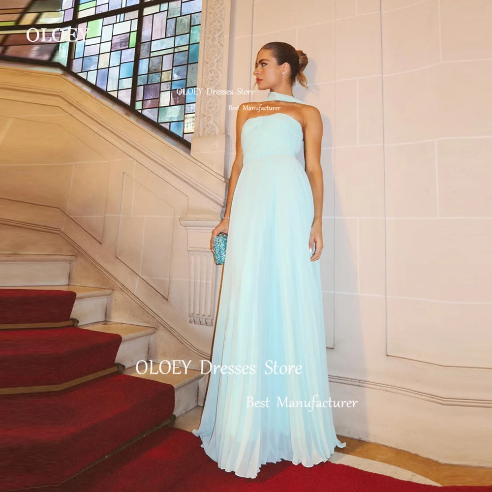 

OLOEY Simple Light Blue Evening Dresses Chiffon Arabic Women Strapless Floor Length Prom Gowns Party Formal Dress Plus Size