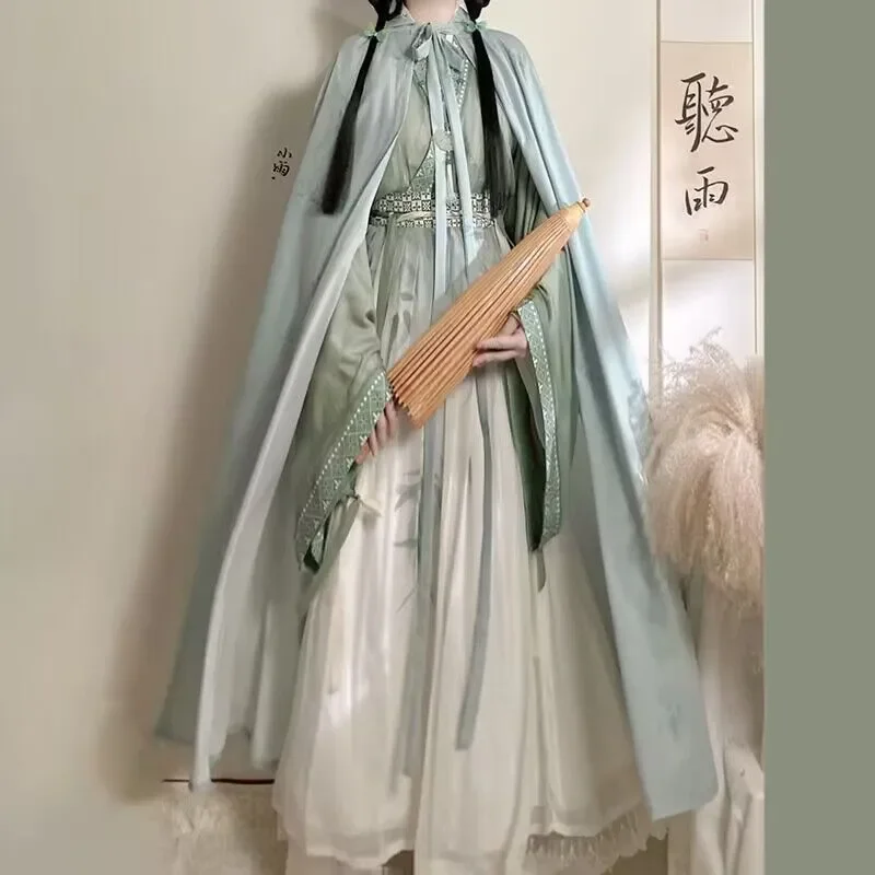 Hanfu Dress Women Ancient Chinese Song Dynasty Hanfu Cyan Sets Female Cosplay Costume Hanfu Cloak +3pcs Sets Party Dress Plus XL