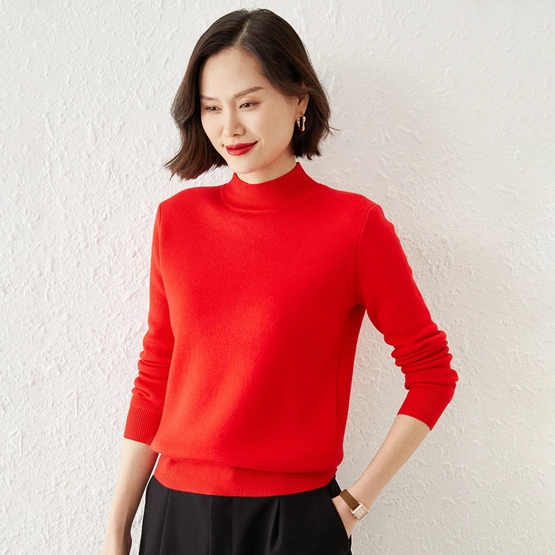 

Half High Neck Thickened Flocked Long-Sleeved 100 Pure Wool New Fashion Warm Autumn And Winter Women Knitted Cashmere Sweater