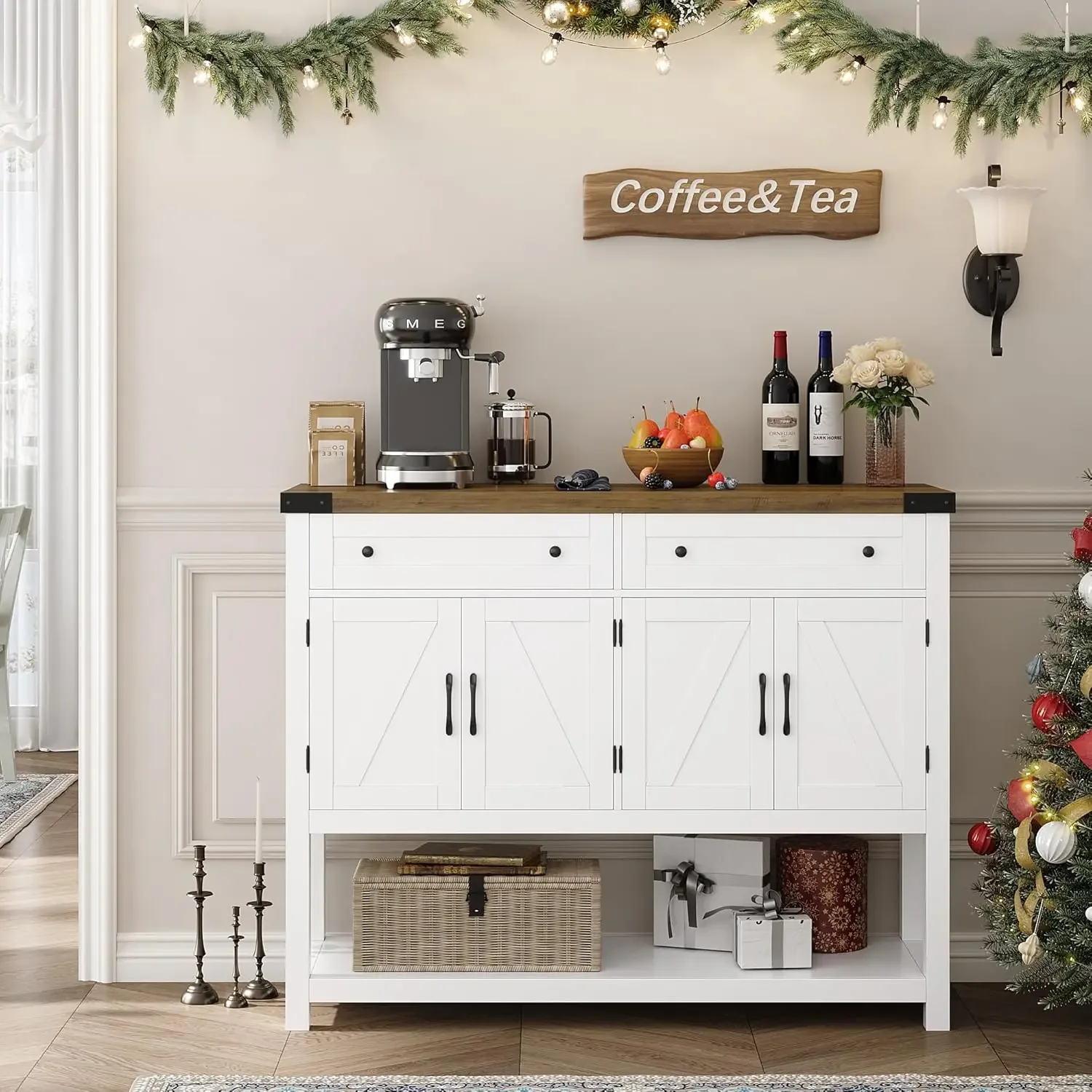 Buffet Sideboard Cabinet with Storage, 47.2" Modern Farmhouse Coffee Bar with 2 Drawers, Barn Doors Console Table with Shelf 2