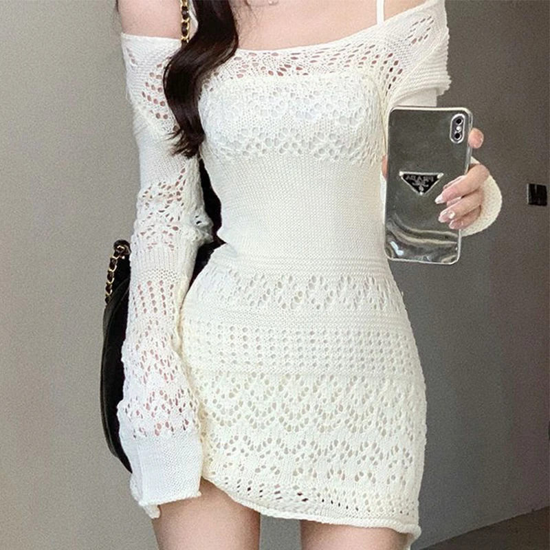 

Gentle Style Long Sleeved Knitted Dresses Hollowed Out Waist Temperament Wrap Hip Dresses 2023 Sexy Pullover Sweater Dresses
