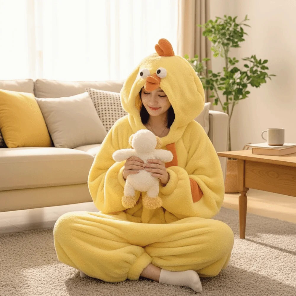 Jumpsuits Cartoon Chicken Pajamas Funny Home Wear Coral Fleece Nightwear Long Sleeve Plush Warm Cute Sleepwear Women Women