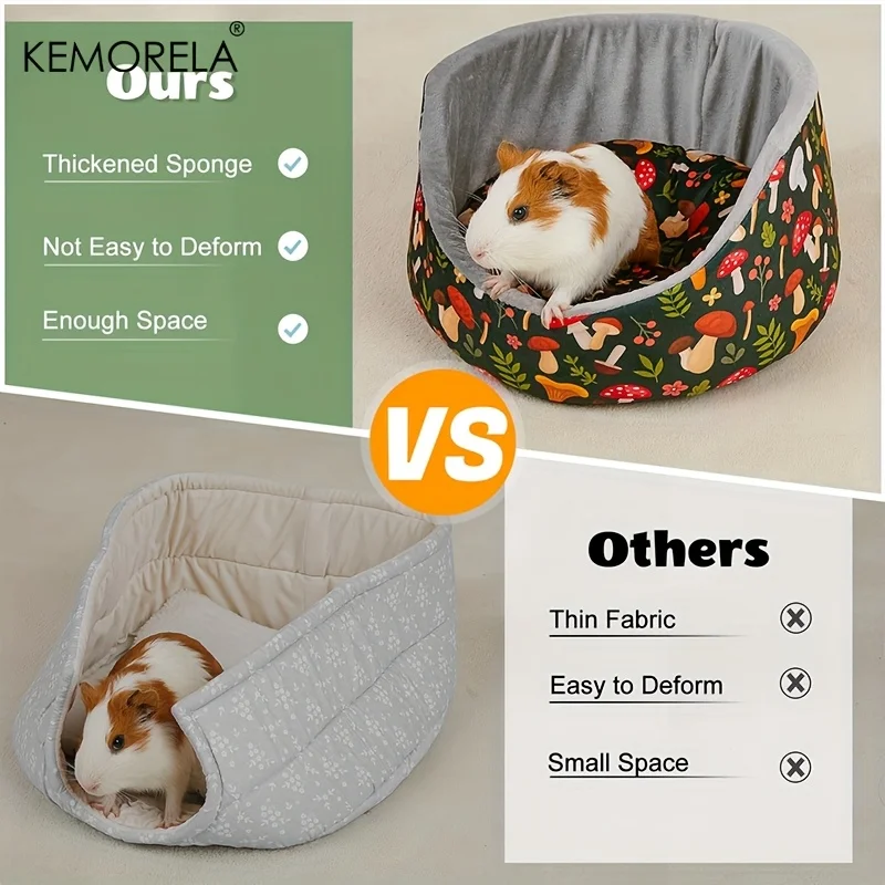 KEMORELA Cozy Guinea Pig Bed Soft Washable Small Pet Cuddle Bed with Thick Removable Pad Dark Green Mushroom Leaf Pattern