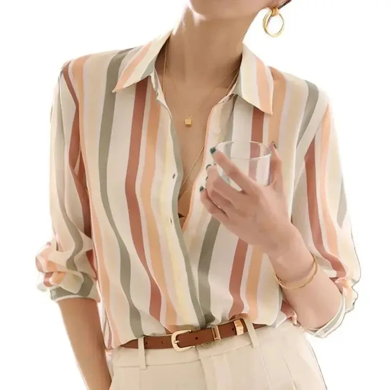 Fashionable Women's European and American Elegant Striped Printed Shirt 2024 Spring and Summer Plus Size Women's Long Sleeve Top