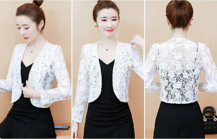 2023 Women's Lace Top Sun Protection Short Jacket Spring Summer Lace Cardigan Thin Bead Embroidered Flowers Diamond Small Shawl