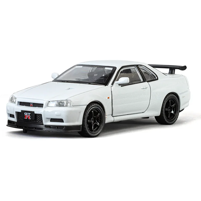 1:32 GTR R34 스카이라인 합금 다이캐스트 모델 장난감 자동차, 도어 개폐 가능, 사운드 라이트, 후진 기능, 미니어처 스포츠카, 패션 장식품