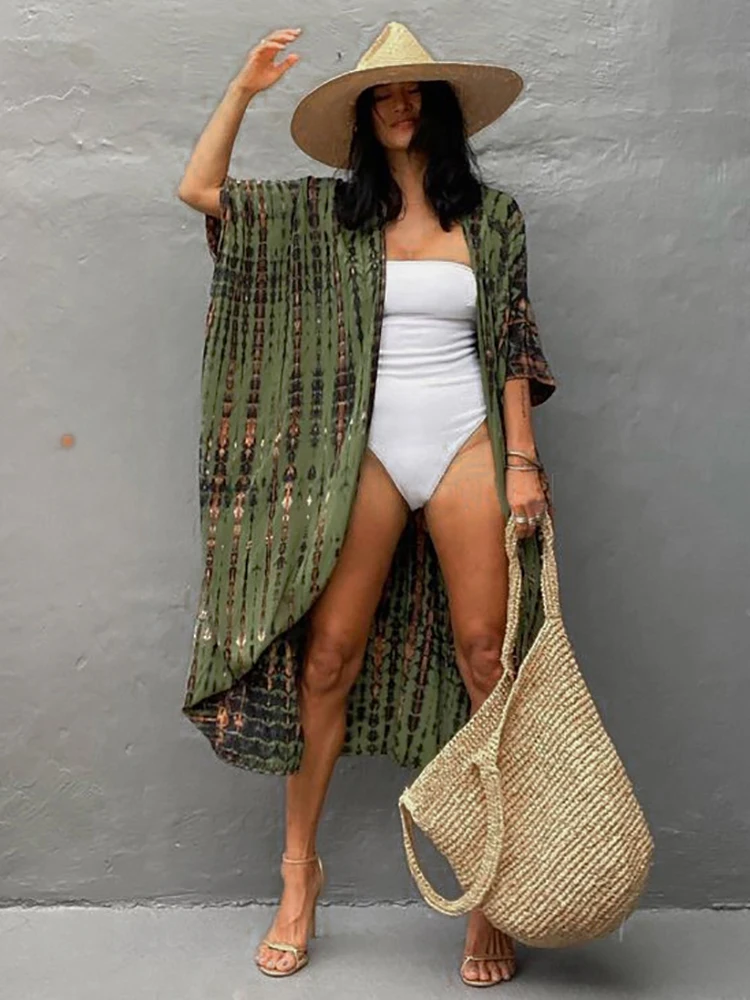 Fitshinling Summer Vintage Kimono Swimwear Halo Dyeing Beach Cover Up With Sashes Oversized Long Cardigan Holiday Sexy Covers bathing suit bottom cover up Cover-Ups