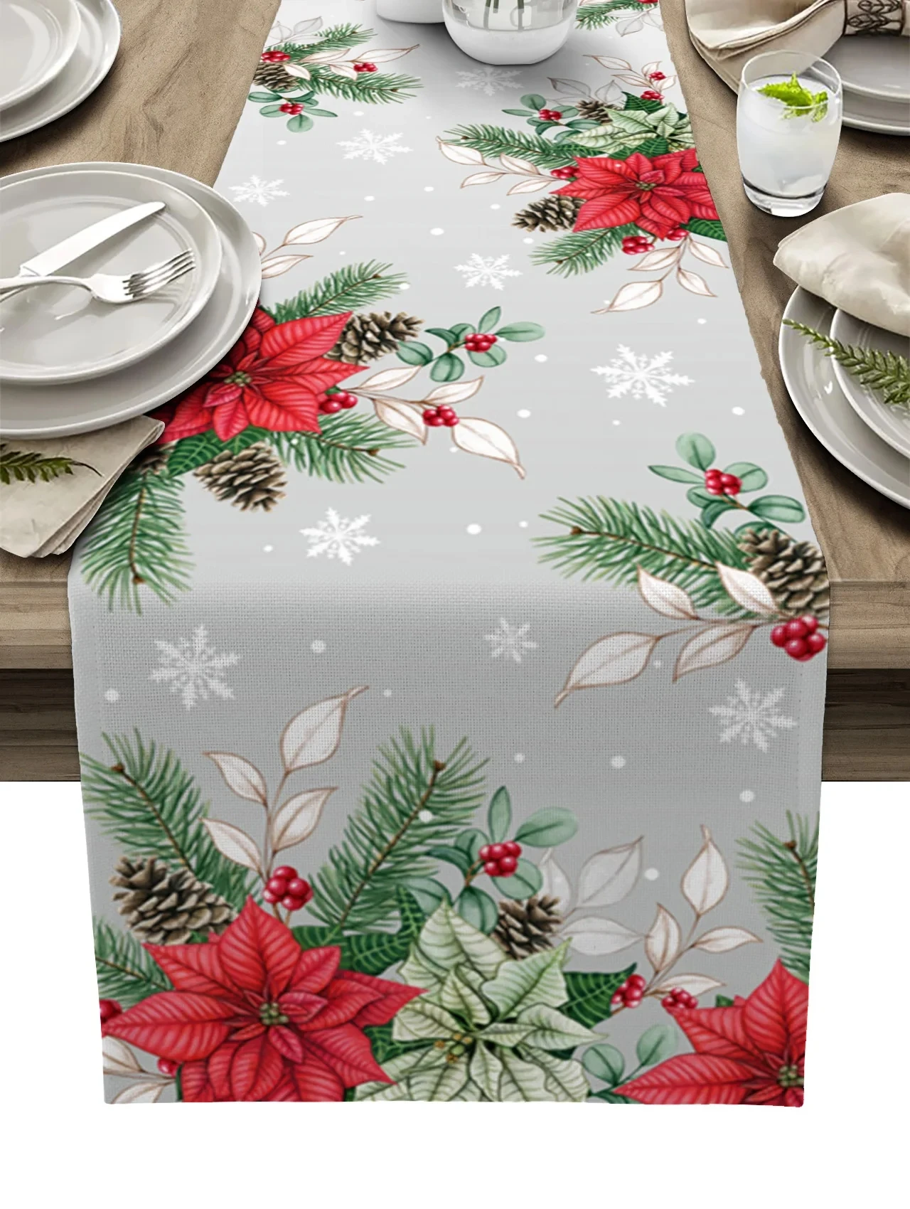 

Christmas Poinsettia Fir Tree Linen Table Runner Dresser Scarves Table Decor Washable Dining Table Runners Christmas Decorations