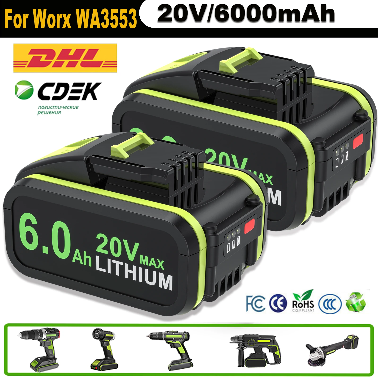 20V/6.0ah Battery For Worx WA3553 Battery Cordless Power Tool Spare Batteriies WA3572 WA3553 WX390 WA3551 WX176 WX178 Battery