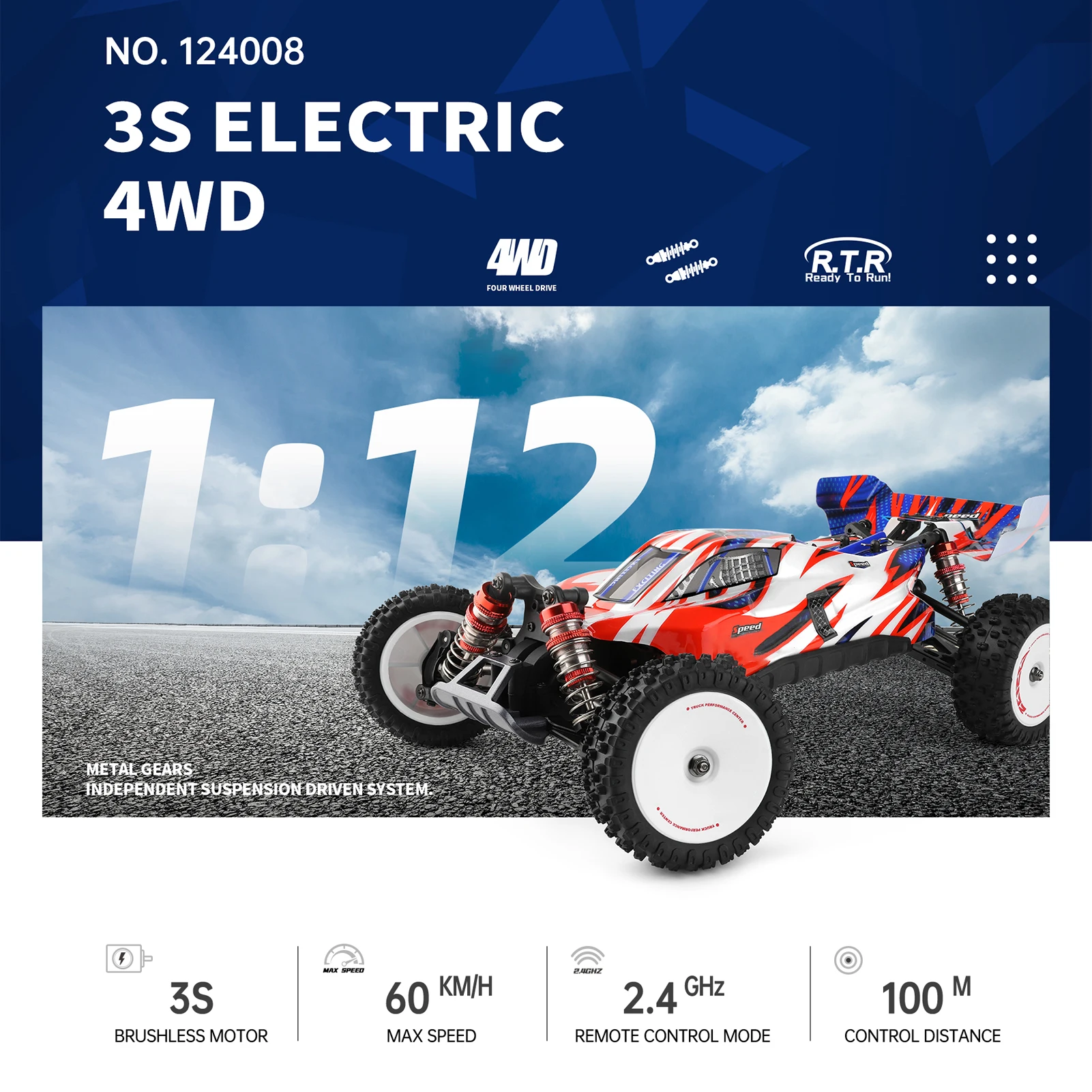 WLtoys 124008 Remote Control Car 1/12 2.4GHz 60KM/H High Speed Off Road Car Brushless 4WD Vehicle 11.1V 1300mAh Gifts for Kids 5