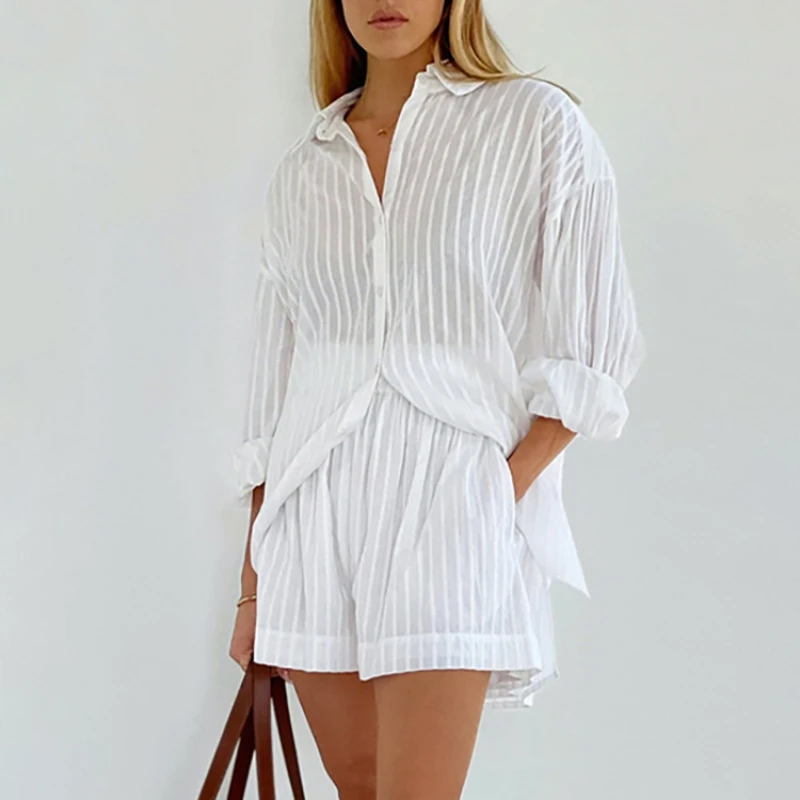 

French hot summer women's striped puffy sleeve fashion top loose high-waisted shorts design sense of casual suit