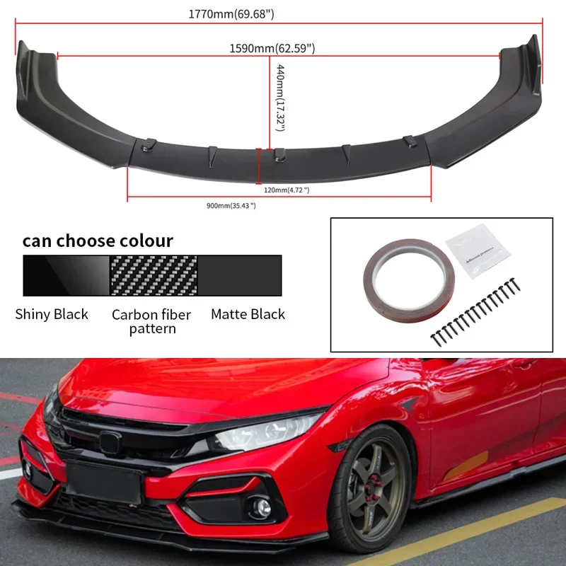 3Pcs Car Paraurti Anteriore Lip Spoiler Body Kit Abs Diffusore Spoiler Protector Per Honda Per Civic Sedan 4Dr 2016-2019 Ricambi Auto