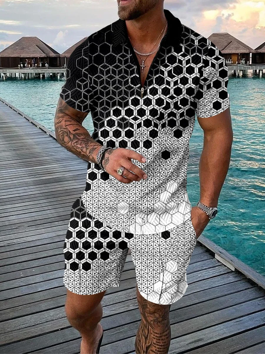 amropi Heren zomer jacquard trainingspak korte mouw rits top