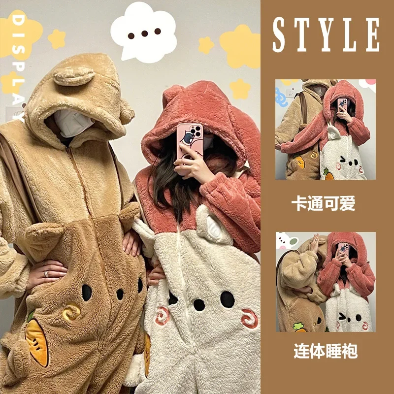 

Sweet Women Sleepwear Men Pyjamas Jumpsuit Cute Warm Couple Pajamas Cartoon Onesies Winter Kawaii Bunny Ears Hooded Home Clothes