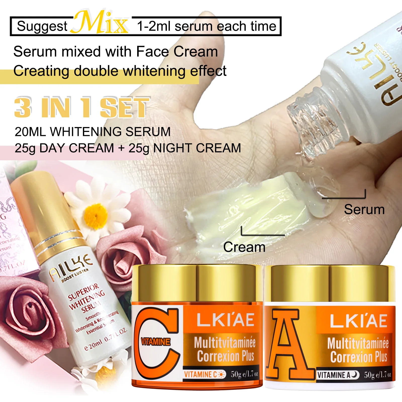 LKIAE Whitening Day and Night Face Cream, Vitamins C+A Facial Cream for All Skin Types, Reduce Black and Dark Spots, Cleansing