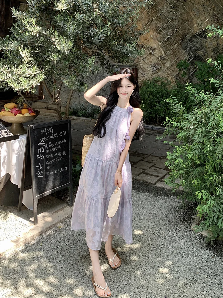 보라색 우아한 인쇄 홀터넥 넥 드레스 여성을위한 느슨한 맞는 민소매 휴가 드레스 여름 a 라인 긴 소프트 스타일