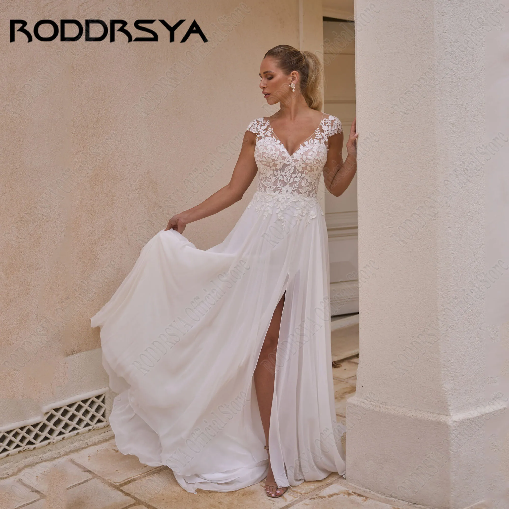 RODDRSYA Chiffon A-Line Wedding Gowns Cap Sleeves V-Neck Backless Civil Vestidos De Novia Side Split Sweep Train Applique 1