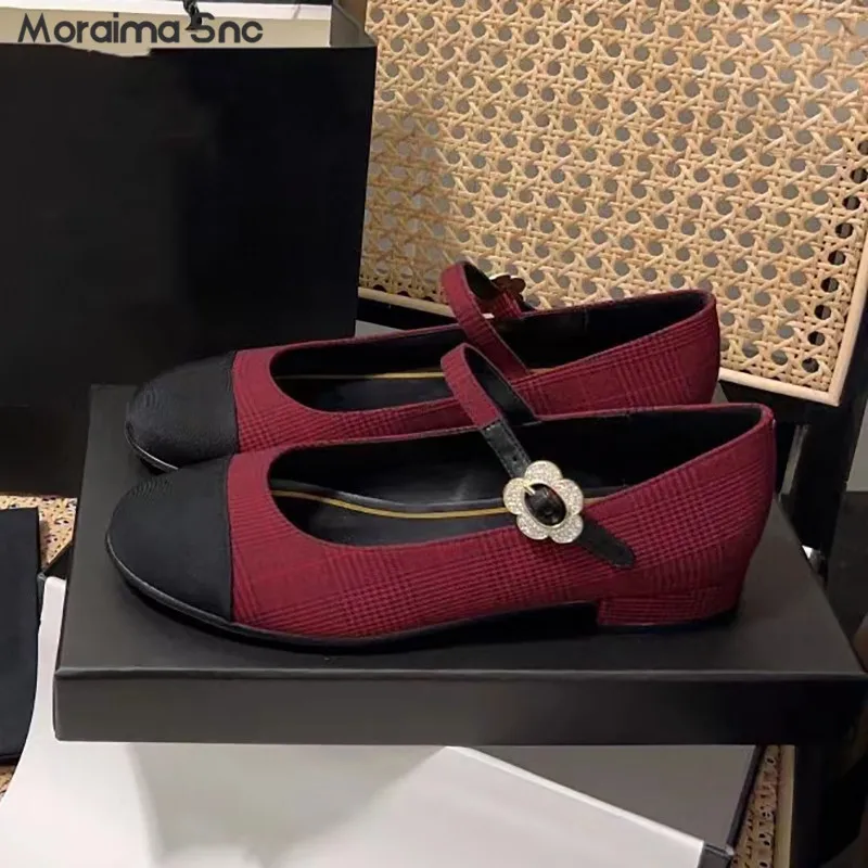 Flower Buckle Strap Mary Jane Leather Shoes Thick Heel Low Heel Round Toe Color Matching Buckle Strap Comfortable Women's Shoes
