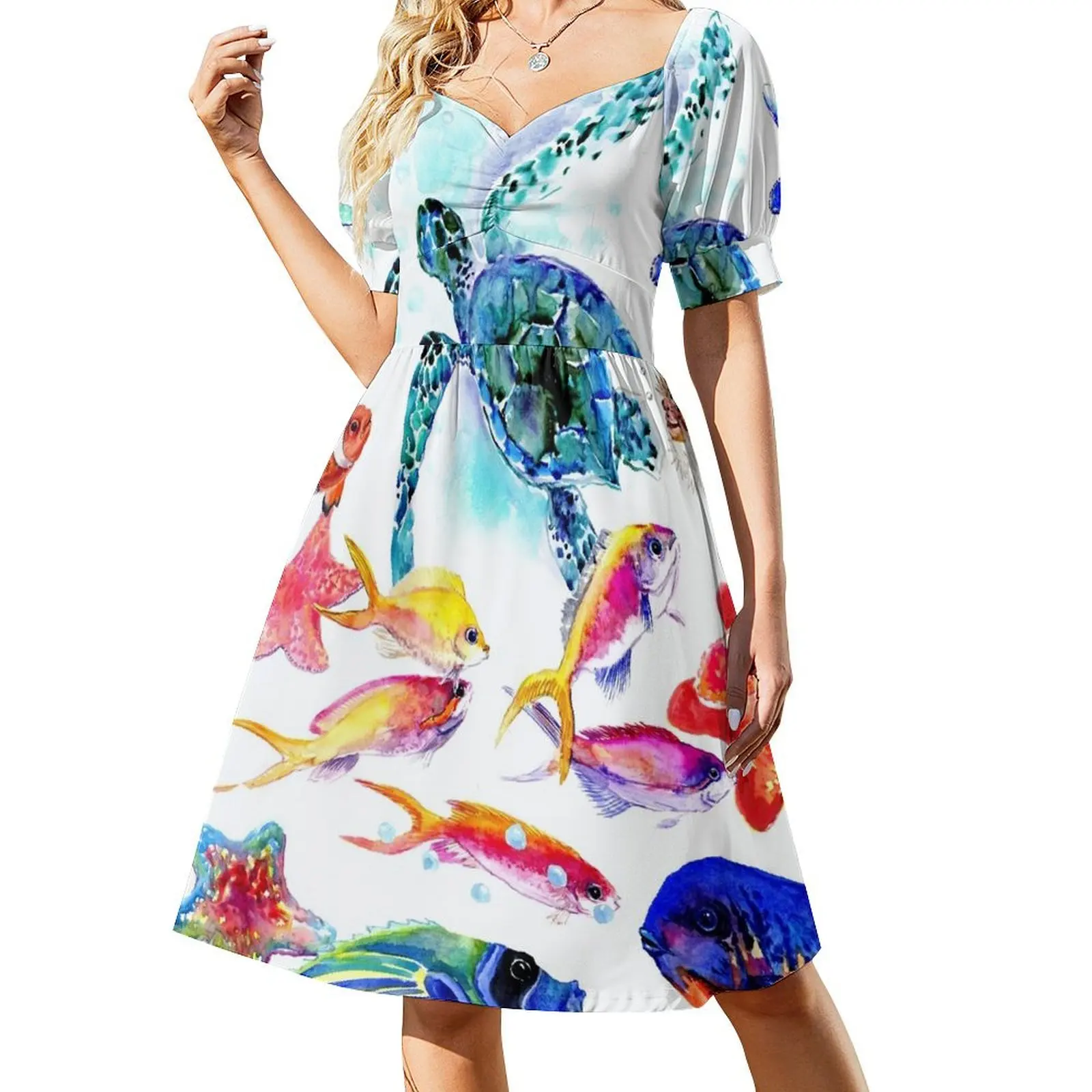 thumbnail image 1 of Escena submarina del mar de coral, playa, tropical, colorido, diseño infantil, arte para habitación infantil, vestido de manga corta, ropa de mujer, vestido, 1 of 7