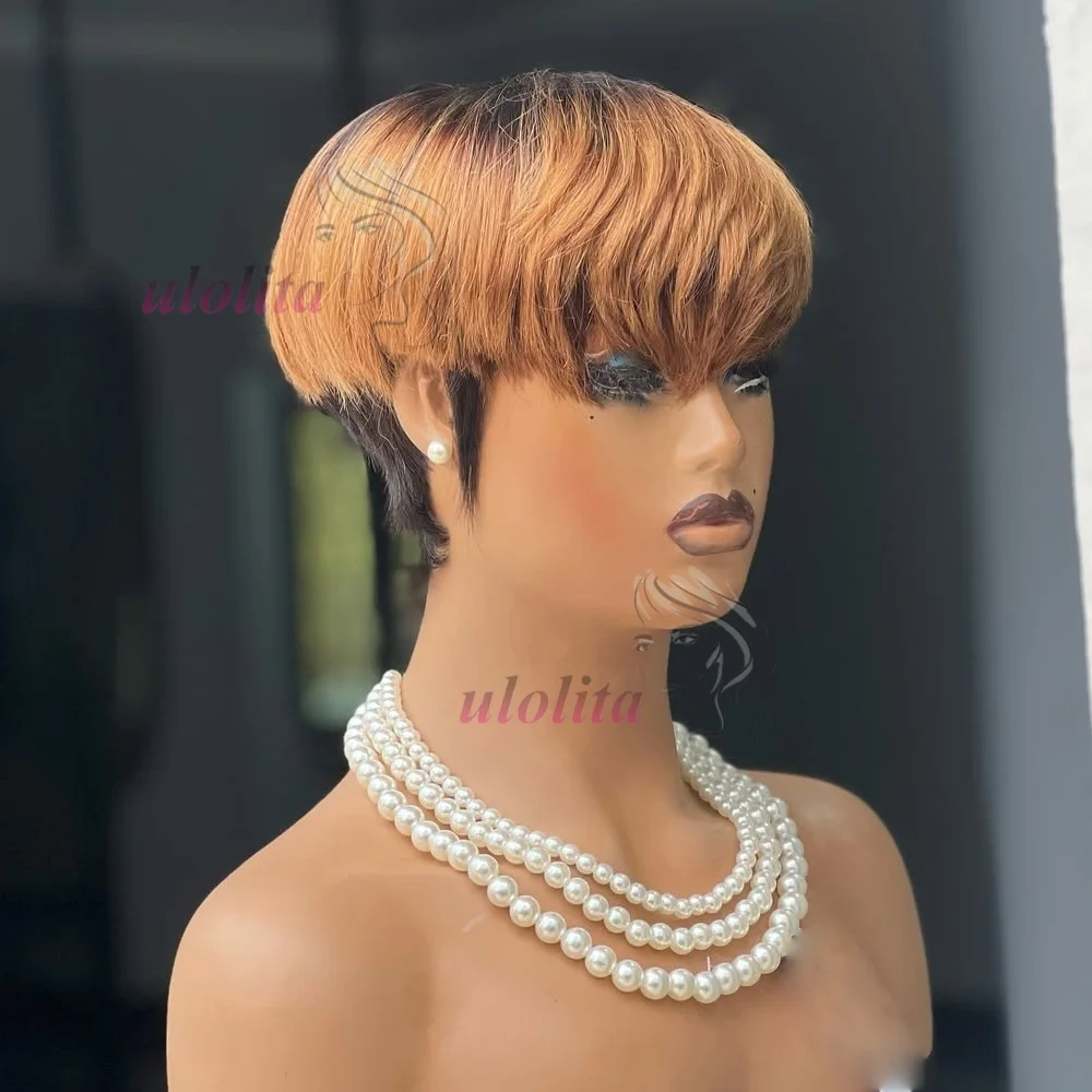 Short Straight Bob Wig Pixie Cut Wig Human Hair For Black Women With Bangs Brazilian Virgin Hair Non Lace front Cheap Black