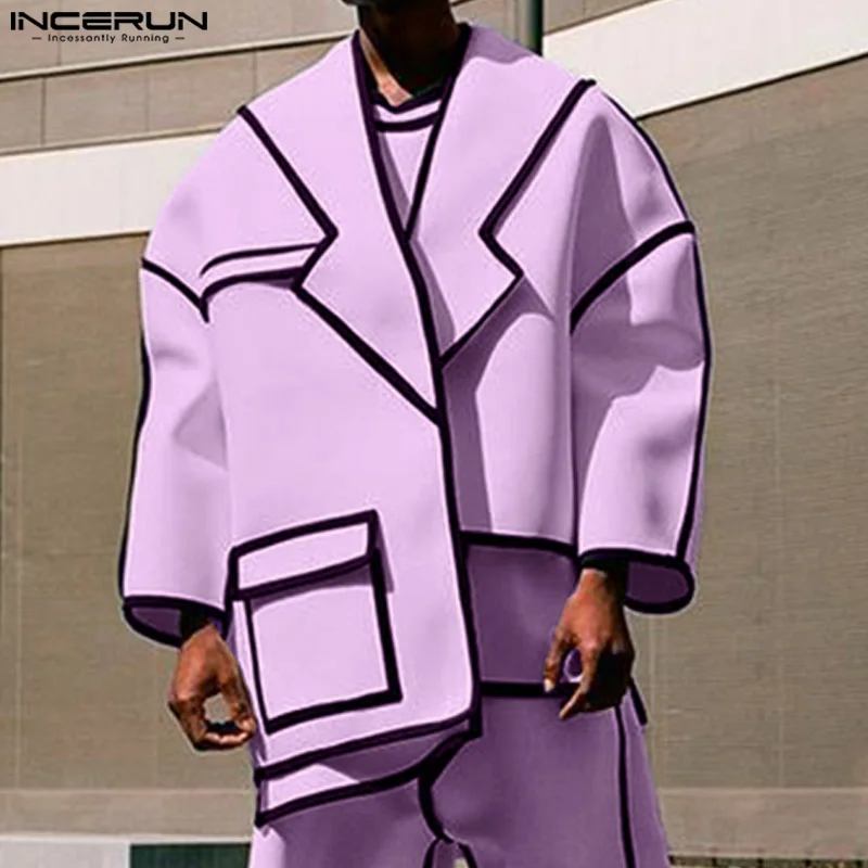 INCERUN Tops Fashion New Men Patchwork Lines Personality Suit Coat Casual City Walk Male Hot Sale Loose Long Sleeved Blazer