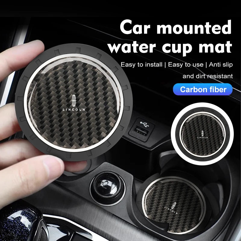 2Pcs Car Water Cup Anti-slip Pad Carbon Fiber Holder Mat For Lincoln Mondeo MKZ MKX Aviator Navigator Continental Corsair