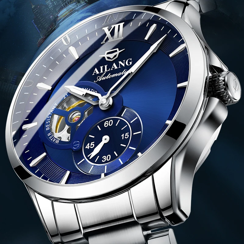 AILANG 2024 Fashion Blue Mechanical Watch For Men Stainless Steel Mens Watches Top Brand Luxury Automatic Skeleton Wristwatches_voghion.com