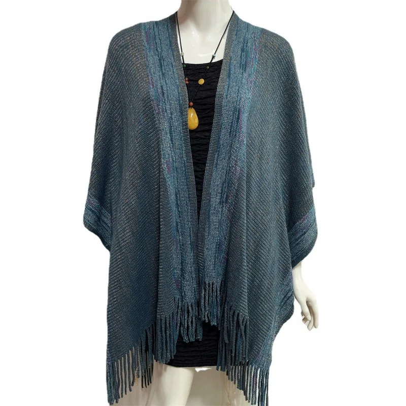 

Qixi Autumn and Winter New 2023 Europe and America Cross Border Amazon Women's Striped Cape Tassel Cardigan Shawl Sweater